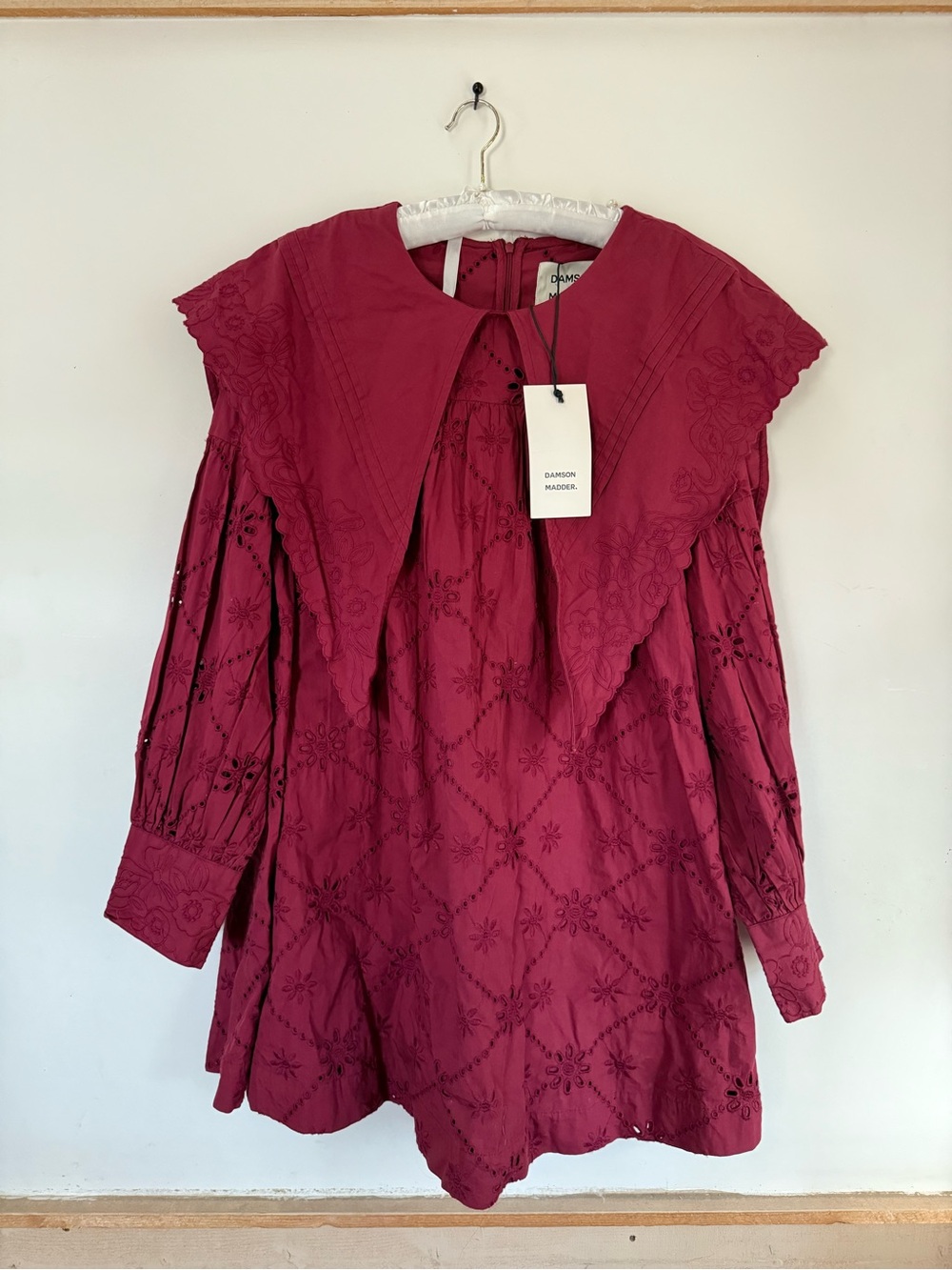 Damson Madder Clementine Floral Embroidered Dress Dark Red Cotton Dagger Collar